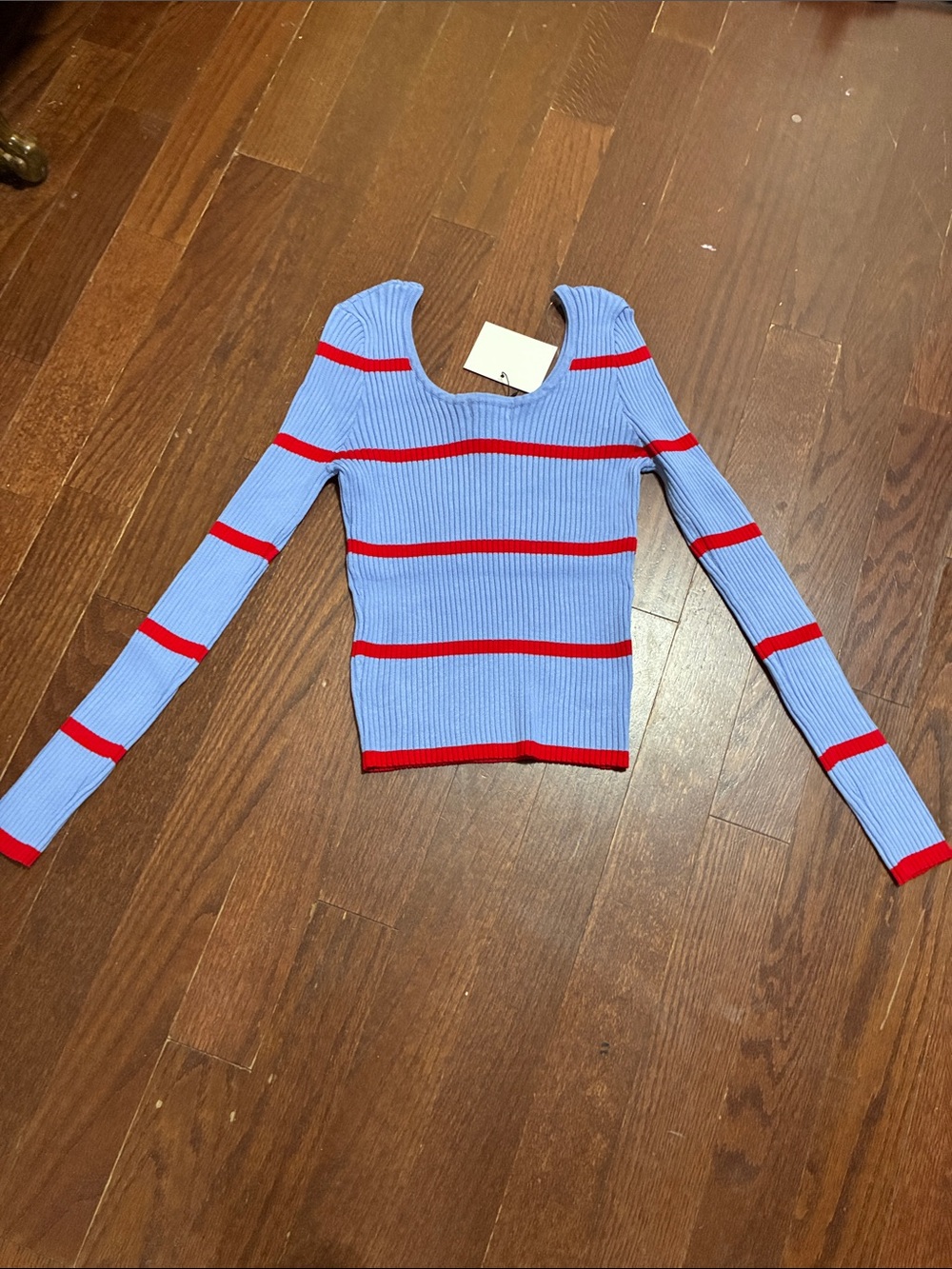 Women’s Blue Ribbed Long-Sleeve Sweater with Red Stripes